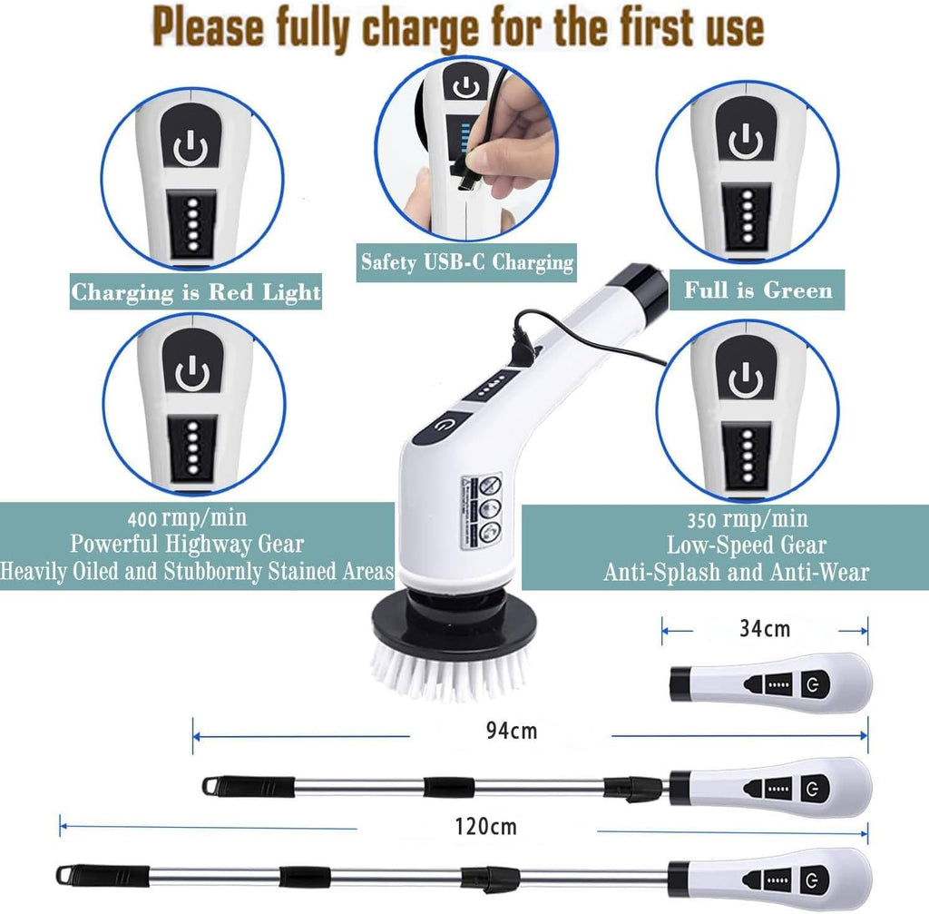 Electric Spin Scrubber, Cordless Cleaning Brush with 9 Replaceable Brush Heads, Tub and Floor Tile 360 Power Scrubber Dual Speed with Adjustable Detachable Handle for Bathroom Kitchen Car (9)