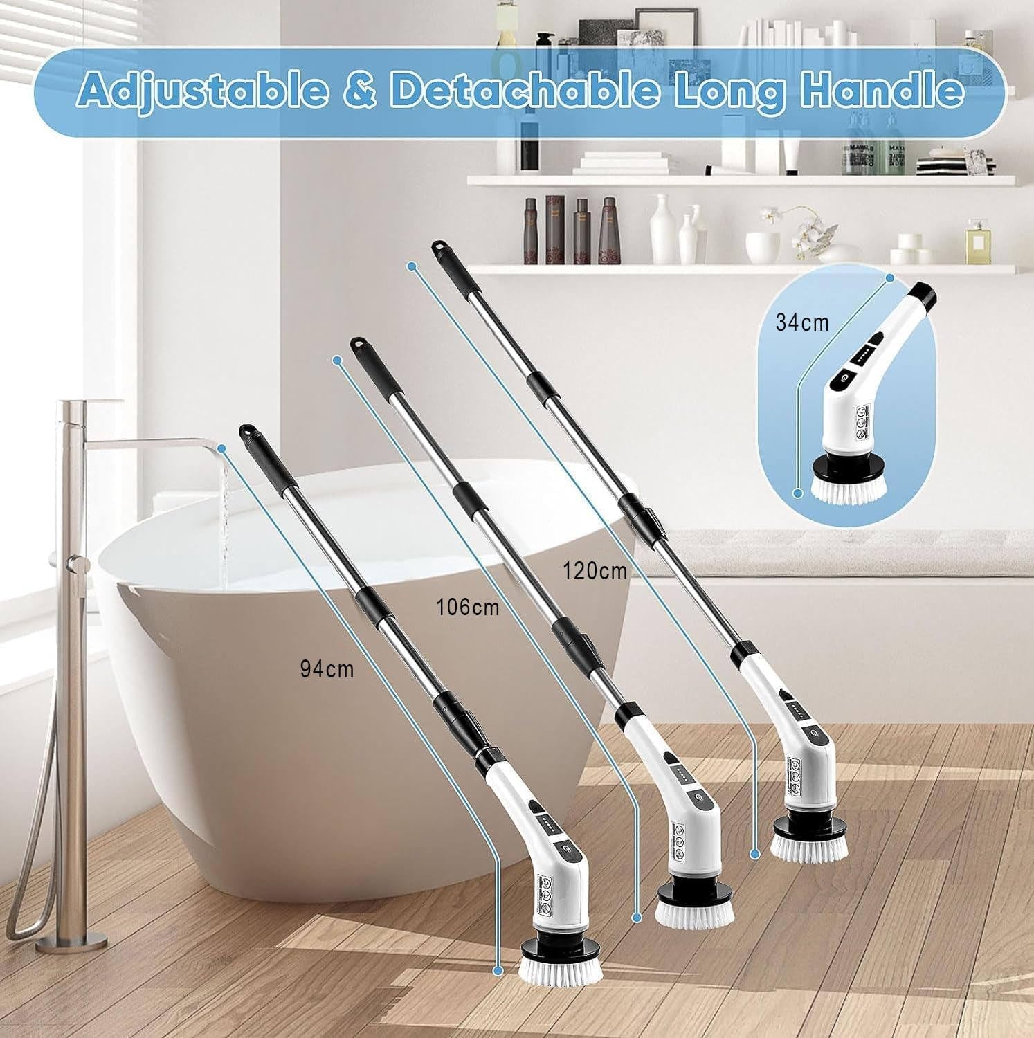 Electric Spin Scrubber, Cordless Cleaning Brush with 9 Replaceable Brush Heads, Tub and Floor Tile 360 Power Scrubber Dual Speed with Adjustable Detachable Handle for Bathroom Kitchen Car (9)